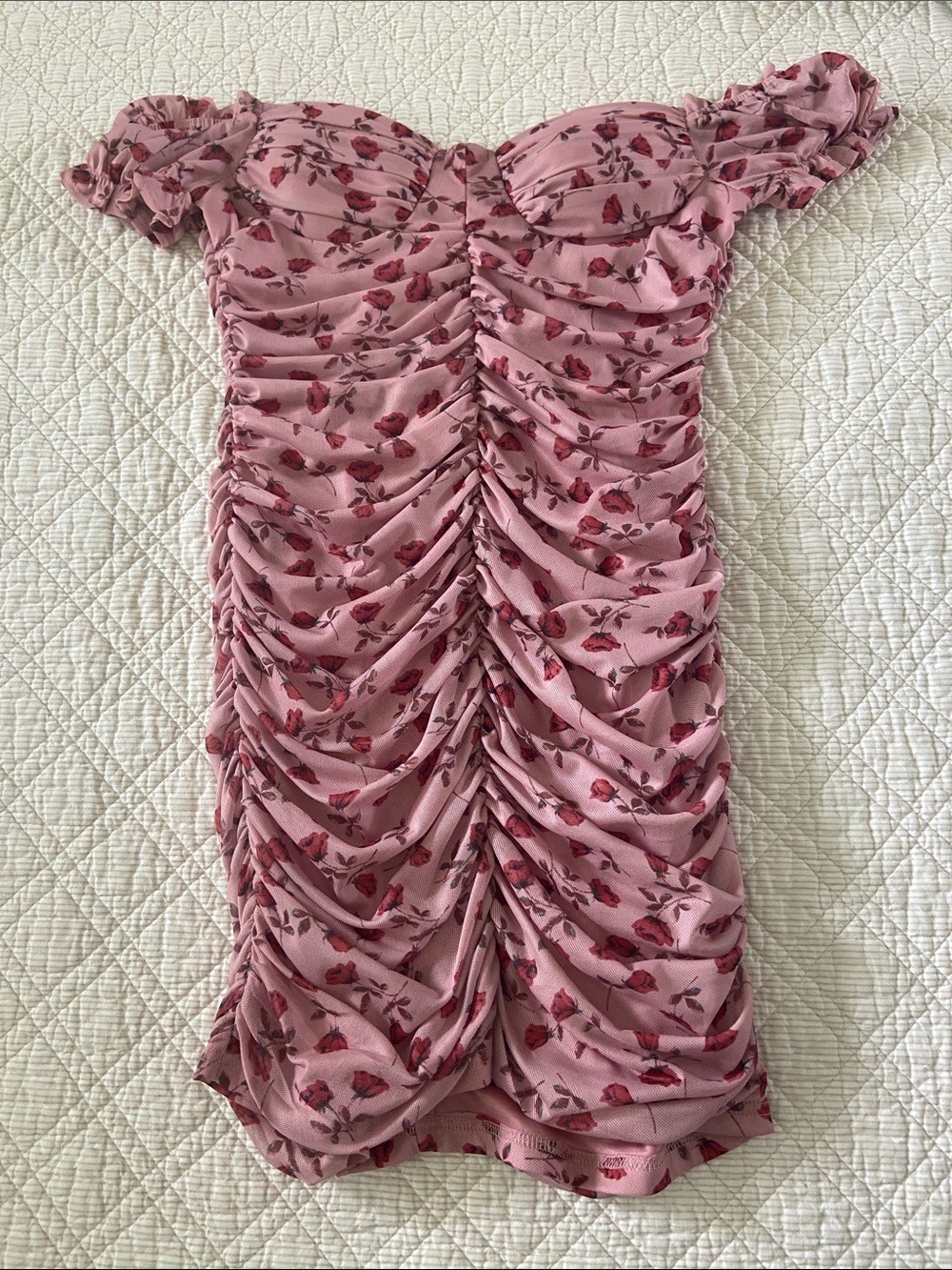 Ruched Off-Shoulder Mini Dress in Rose Floral
